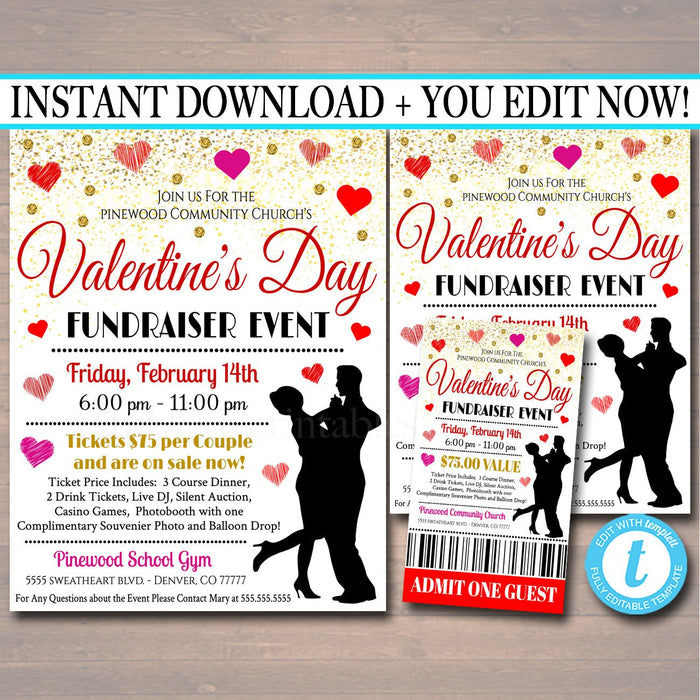 Adult Valentine's Day Event, Fundraiser Flyer Party Invite, Church Community, Sweetheart Prom, Restaurant Invite