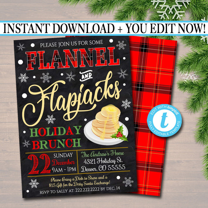 Flannel and Flapjacks, Pancakes and Pajamas Xmas Party Invitation, Christmas Party Invite Holiday Brunch Party  Plaid Invite