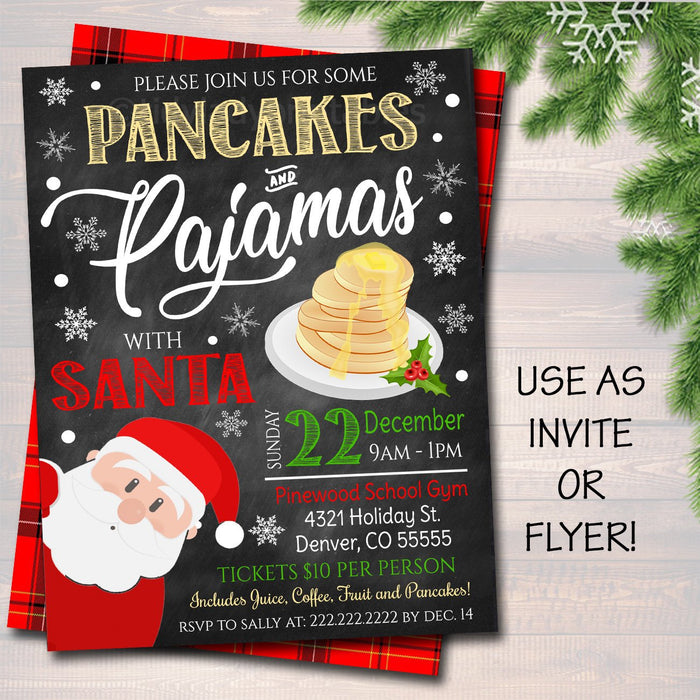 Pancakes and Pajamas Xmas Party Invitation, Christmas Party Invite, Holiday Brunch Party  Plaid Invitation,