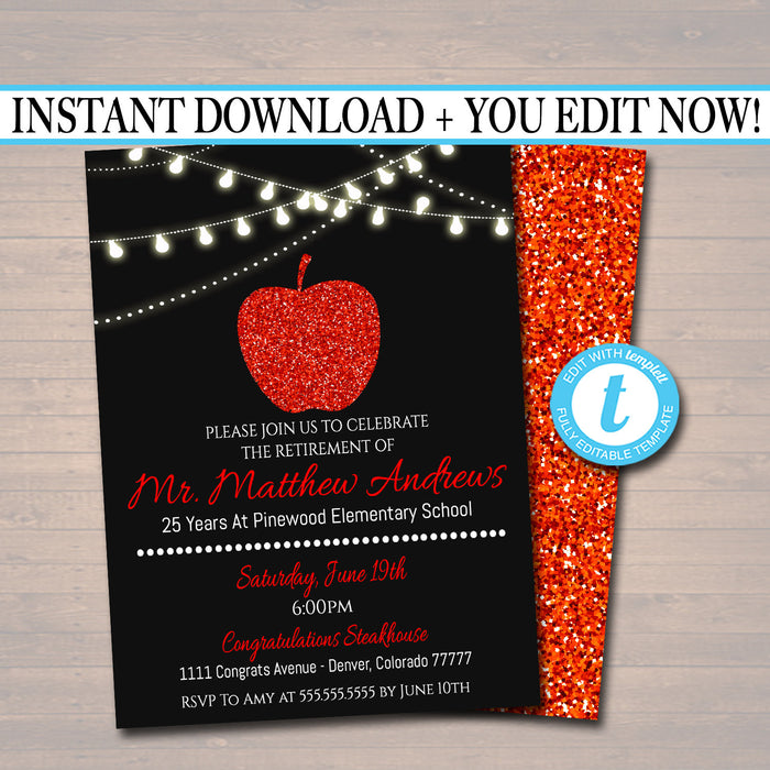 Teacher Retirement Invitation Printable, Education Teacher Degree College Graduate, Grad Party Red Apple Invite