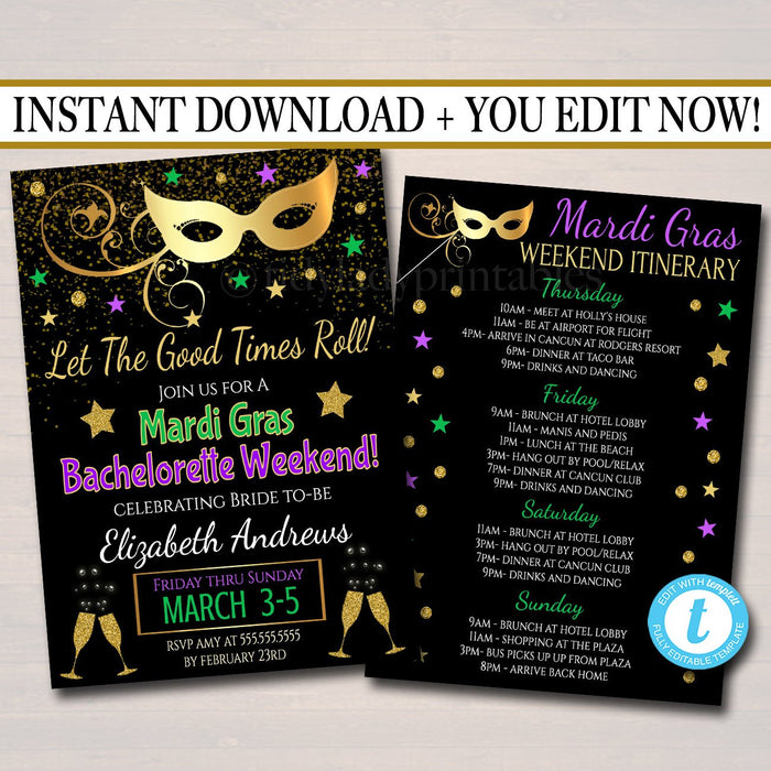 Mardi Gras Bachelorette Party Invitation, Glitter Green Purple Gold Invite, New Orleans Girls Weekend Itinerary,