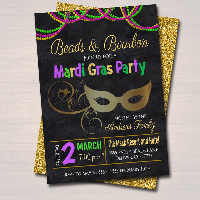 Mardi Gras Bachelorette Party Invitation, Glitter Green Purple Gold Invite, Beads and Bourbon, New Orleans,