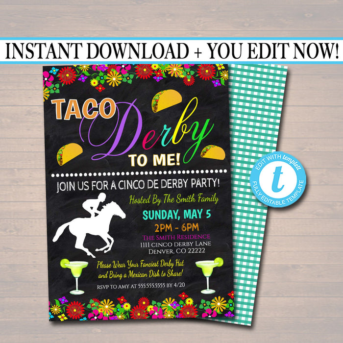 Cinco De Derby Fiesta Nacho Average Derby De Mayo Invitation Chalkboard Printable Invite, Talk Taco Derby to Me,