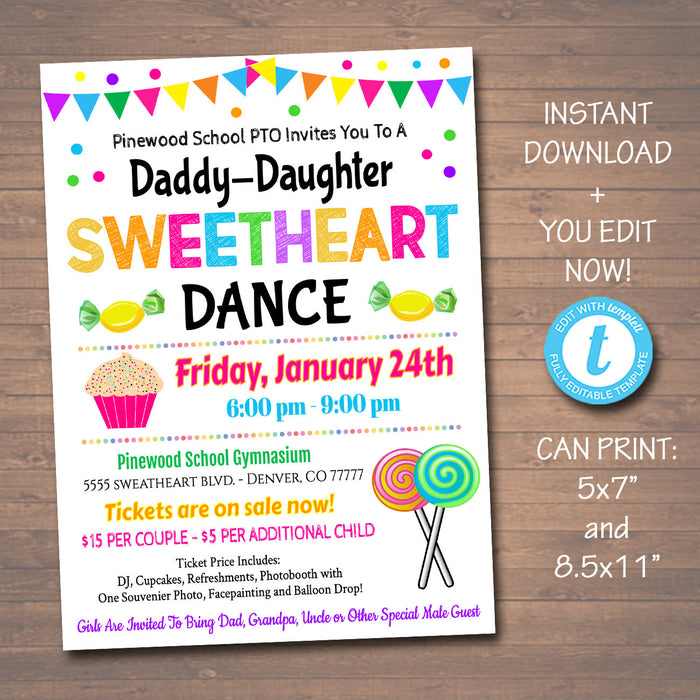 Daddy Daughter Candy Themed Sweetheart Dance, School Dance Flyer Party Invite, Church Community Event, pto pta,