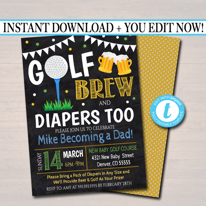 Editable Golf and Beer Baby Shower Invitation Chalkboard Printable Baby Sprinkle, Couples Man Diaper Shower Party Invite, INSTANT DOWNLOAD