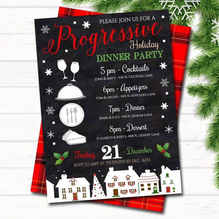 Holiday Progressive Dinner Party Invitation, Christmas Potluck Party Invite Chalkboard Printable, Xmas Round Robin