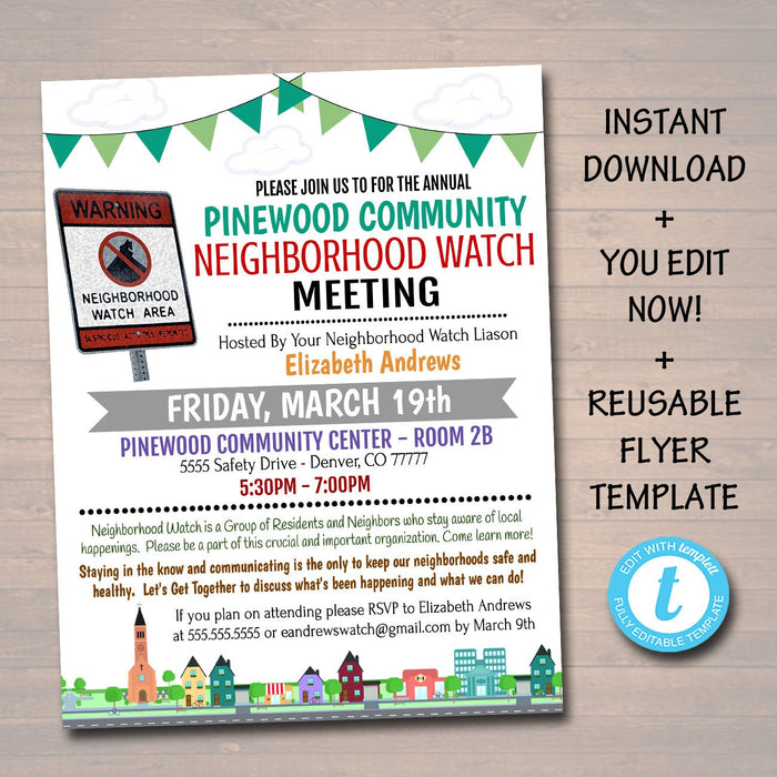 Neighborhood Watch Meeting Event Flyer - Editable Template