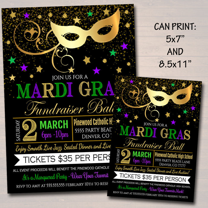 Mardi Gras Invitation Flyer, Masquerade Ball Formal Invite, Catholic Church School Benefit, Auction Event Pto Pta