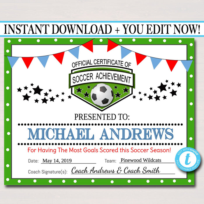 EDITABLE Soccer Award Certificates, INSTANT DOWNLOAD, Team Soccer Awards, Soccer Party Printable, Sportsmanship Awards, Sports Certificates
