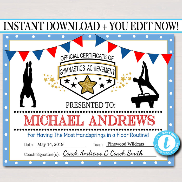 Gymnastics Certificates,  Gymnastics Team Awards, Gymnastics Party Printable, Printable Gymnast Certificate Awards