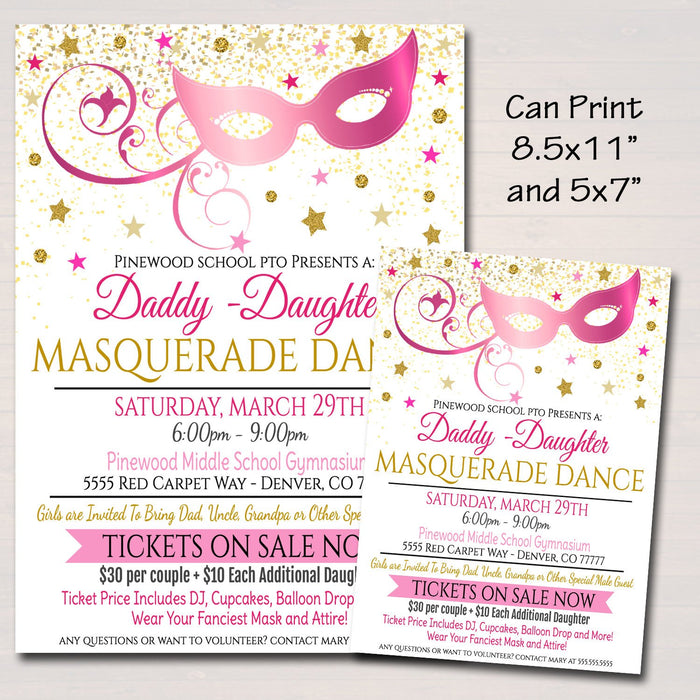 COLOR Masquerade Daddy Daughter Dance Flyer, Printable Invitation Masquerade Ball, Quinceanera Ball, Pto, Pta