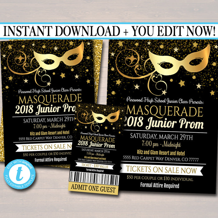 Prom Set, Dance Flyer Invitation Ticket Masquerade Ball, Gold Glitter Formal Gala, High School Event, Pto, Pta