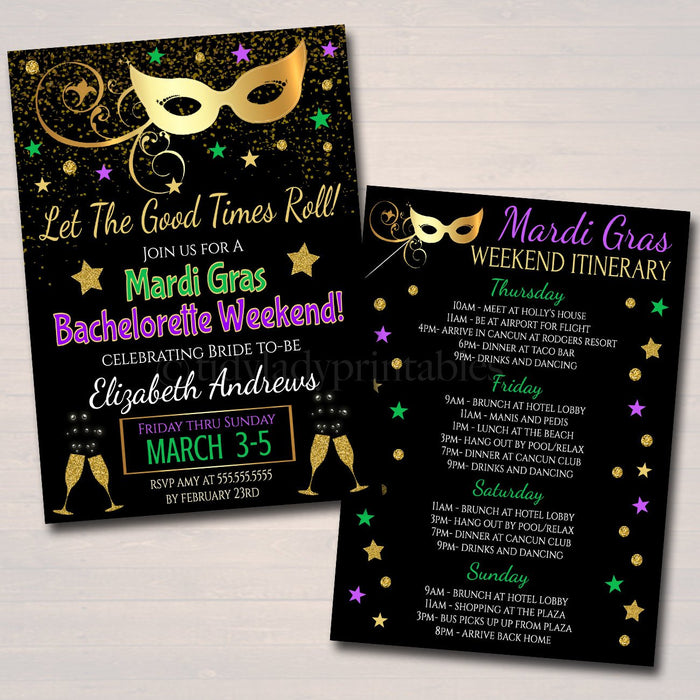 Mardi Gras Bachelorette Party Invitation, Glitter Green Purple Gold Invite, New Orleans Girls Weekend Itinerary,
