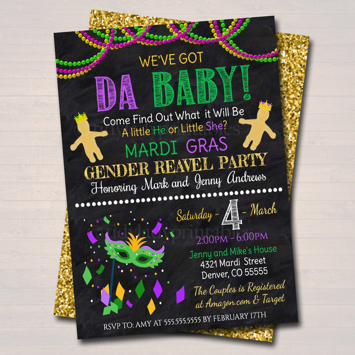 Mardi Gras Gender Reveal Party Invitation, Green Purple Gold Invite Baby Shower Sprinkle King or Queen New Orleans