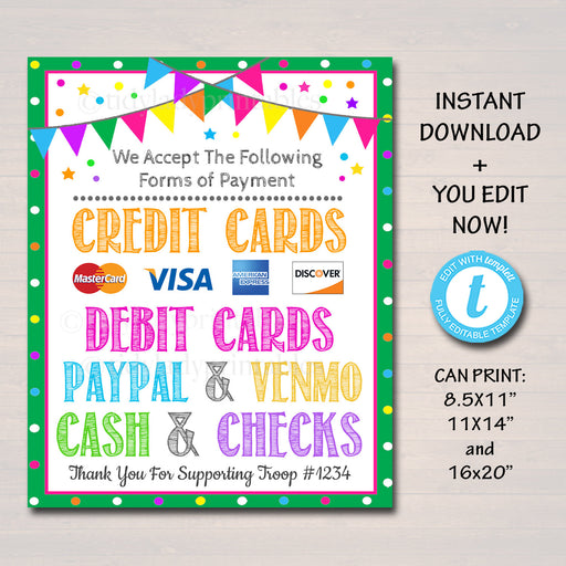 EDITABLE Credit Card Sign, Fundraising Booth, Bake Sale, Cookie Booth Sign We Accept Credit Cards Scouts Cookie Banner, Cookie Booth Poster