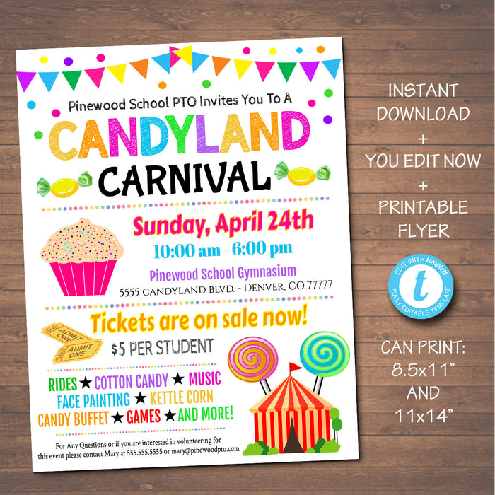 Candyland Themed Carnival Event Flyer - School Church Benefit Fundraiser Event Poster - DIY Editable Template