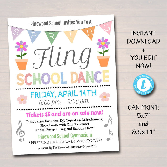 Spring Fling School Dance Set, Invitation, Flyer Party Invitation Easter Event Church Community Event, pto, pta,