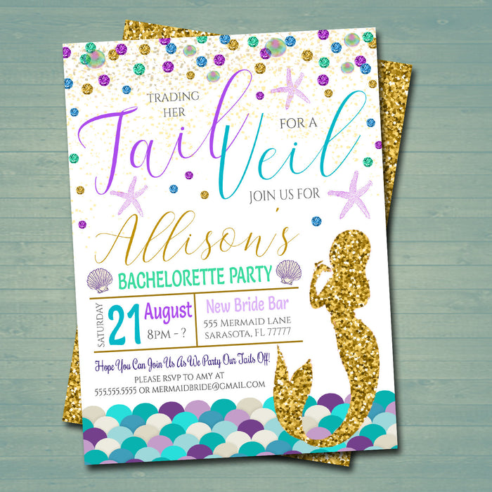 Mermaid Bachelorette Party Invitation Glitter Gold Watercolor Beach Party Boho Chic, Trading Her Tail For The Veil