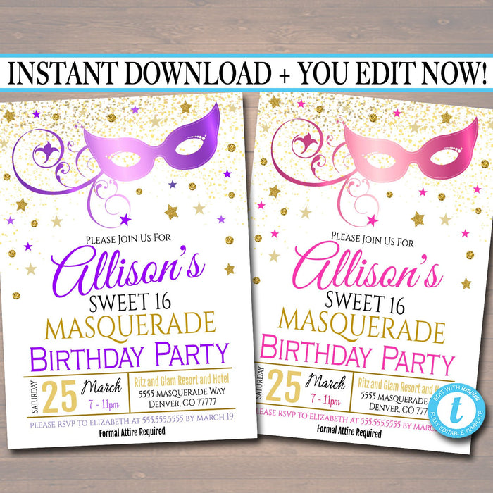 Masquerade 16th Birthday Invitation, Printable Party Invite Glam Birthday  Invite Vip Mask Movie Star Party