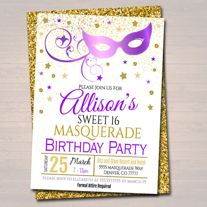 Masquerade 16th Birthday Invitation, Printable Party Invite Glam Birthday  Invite Vip Mask Movie Star Party
