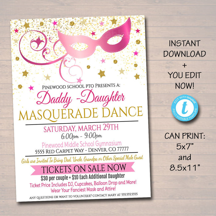 COLOR Masquerade Daddy Daughter Dance Flyer, Printable Invitation Masquerade Ball, Quinceanera Ball, Pto, Pta