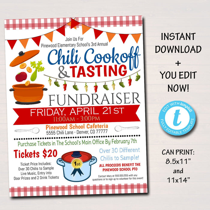 Chili Cookoff Tasting Dinner Fundraiser Event Flyer - Editable Template