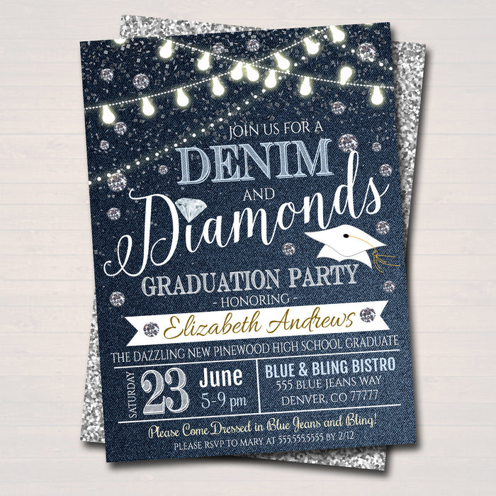 Denim and Diamonds Graduation Party Invitation, High School College Girl Graduate  Invite, Country Party,