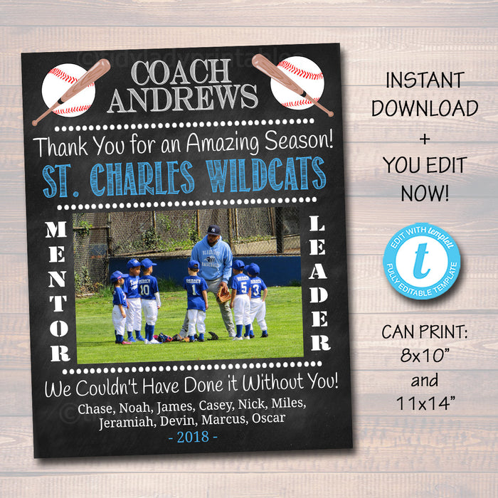 Baseball Coach Gift, Coach Award, Softball Team Gift, End of Season Baseball Party, Custom Best Coach Gift Softball Photo Printable