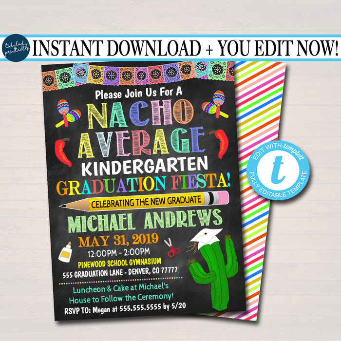 Fiesta Nacho Average Graduation Invite, Chalkboard Printable Graduate Taco Kindergarten preschool Grad Invitation,