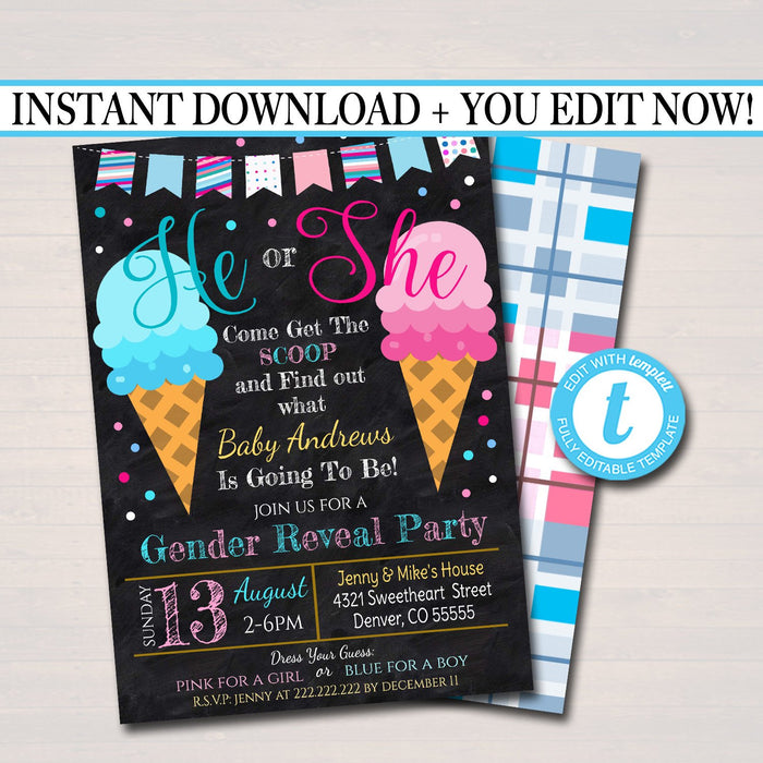 Ice Cream Gender Reveal Summer BBQ Invitation - Editable Template
