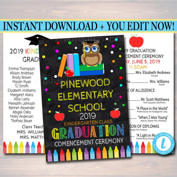 Graduation Ceremony Program Template ANY GRADE, Printable Kindergarten Preschool PreK, Elementary School Ceremony,