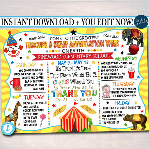 EDITABLE Circus Themed Teacher Appreciation Week Itinerary Poster Big Top Theme Appreciation Week Schedule Events INSTANT DOWNLOAD Printable