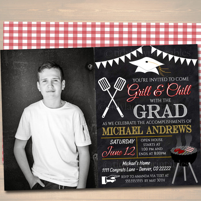 BBQ Graduation Invitation Chalkboard Printable  College Grad Invite, Guy, Man Senior Grad Party, Grill & Chill BBQ Invite