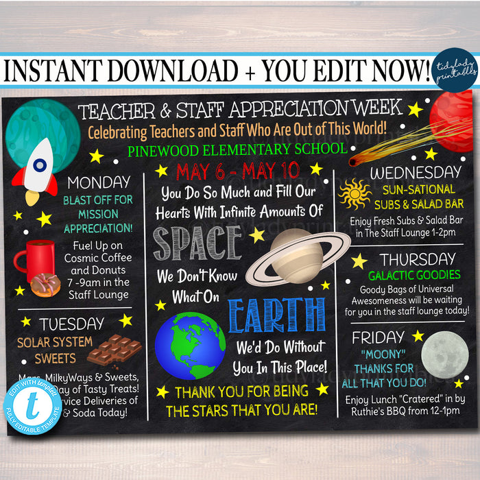EDITABLE Space Theme Teacher Appreciation Week Itinerary Poster Digital Week Schedule Events, INSTANT DOWNLOAD pto pta Fundraiser Printables