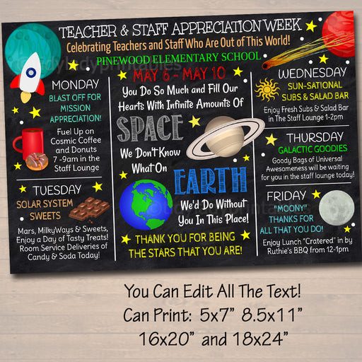 EDITABLE Space Theme Teacher Appreciation Week Itinerary Poster Digital Week Schedule Events, INSTANT DOWNLOAD pto pta Fundraiser Printables