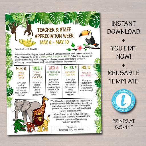 Editable Jungle Theme Teacher Appreciation Staff Invitation Newsletter, Printable Appreciation Week Events, Take Home Flyer INSTANT DOWNLOAD