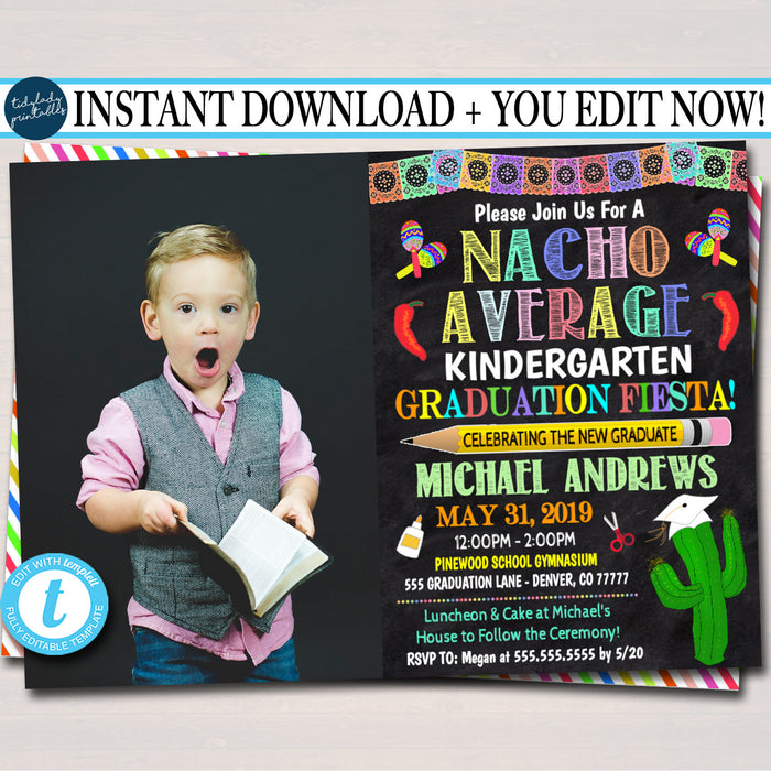 Fiesta Nacho Average Graduation Invite, Chalkboard Printable Graduate Taco Kindergarten preschool Grad Invitation,