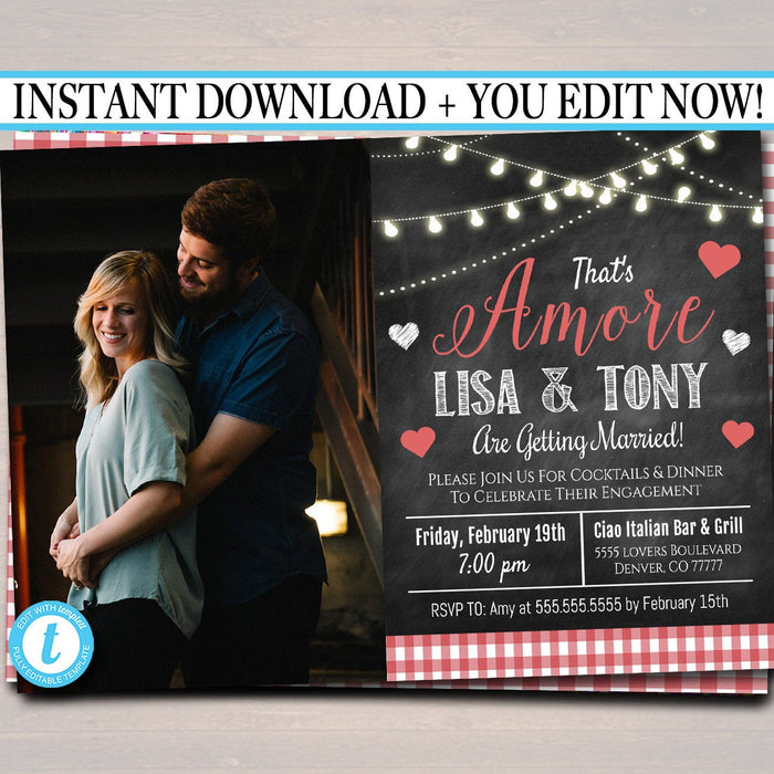 EDITABLE That's Amore Invitation, Wedding Rehearsal Engagement Announcement Digital Invite, Italian Dinner Party Valentine's Party Printable