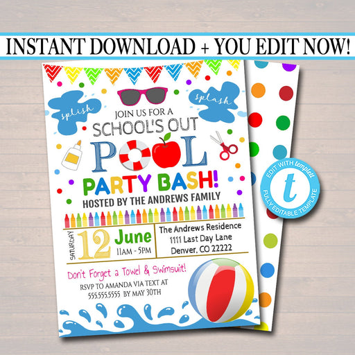 EDITABLE End of School Pool Party Invitation, Printable Digital Invite, Back to School, Backyard bbq Party, Splish Splash, Pool Party Bash