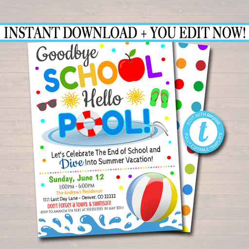 EDITABLE End of School Pool Party Invitation, Printable Digital Invite, Goodbye School Hello Pool Party, Backyard bbq Invite, Splish Splash
