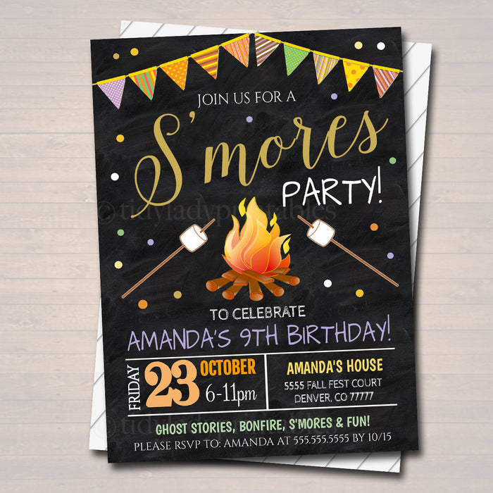 S'mores Birthday Invitation, Fall Harvest Bonfire Invite, Backyard Party Invite,  Printable Invitation Kid's Halloween S'mores Party