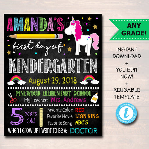 EDITABLE Unicorn First Day of School Photo Prop Back to School Chalkboard Poster Personalized School Chalkboard Sign Any Grade Sign, 1st Day