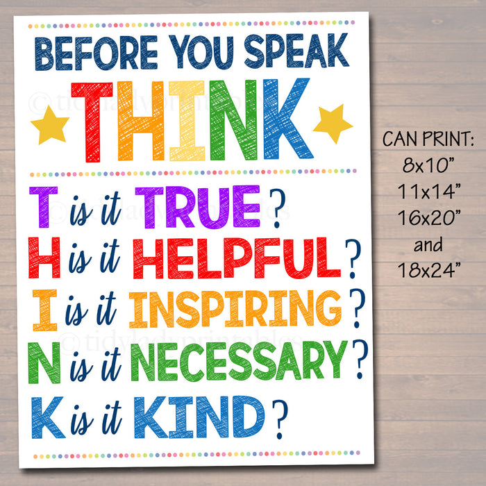 PRINTABLE Think Before You Speak Sign, Printable Classroom Decor, Motivational Poster, Counselor Art, Teacher Printables