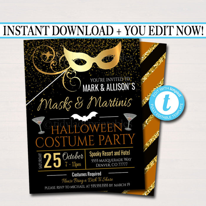 Halloween Masquerade Costume Party Invitation, Printable Adult Cocktail Halloween Party Invite, Masks & Martinis,