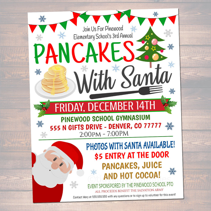 EDITABLE Pancakes with Santa Flyer, Breakfast with Santa Invitation Kids Christmas Party Printable Community Holiday School Fundraiser Flyer