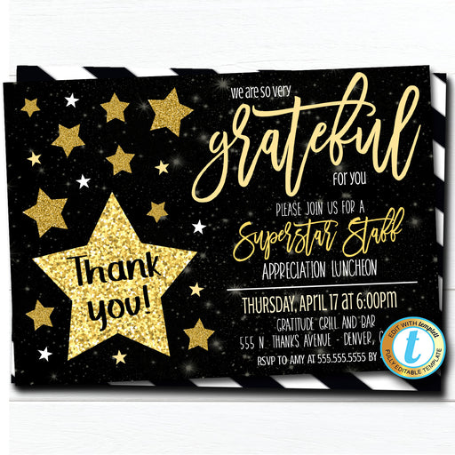 Editable Appreciation Invitation, Grateful For You Teacher Superstar Staff Invitation Customer Client Thank You, INSTANT DOWNLOAD Template