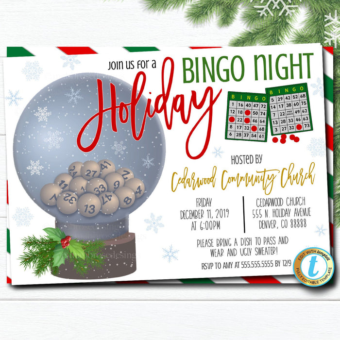 Christmas Bingo Night Party Invitation, Adult Holiday Invite, Xmas Church Games Party, Work Party Editable Template, Self-Editing Download