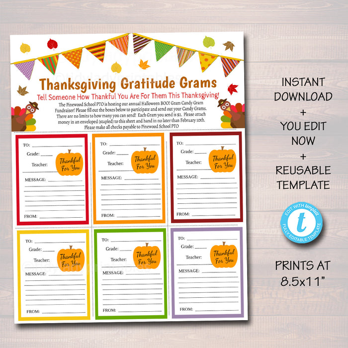 Thanksgiving Candy Gram Flyer, Thankful Grateful for You Candy Gram, Pto Pta School Church Fall Fundraiser Idea Printable EDITABLE TEMPLATE