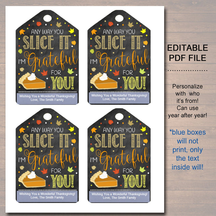 Thanksgiving Gift Tags, Grateful For You Pumpkin Pie Label