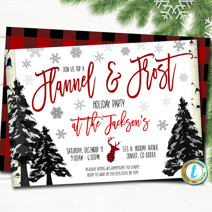 Flannel and Frost Party Invitation, Christmas Party Plaid Invitation, Holiday Cocktail Party,  Template, DIY Self-Editing Download